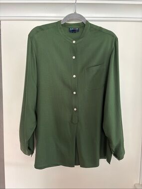 Vintage 100% Silk Balloon Italy Green Mandarin Collar Button Down Blouse L